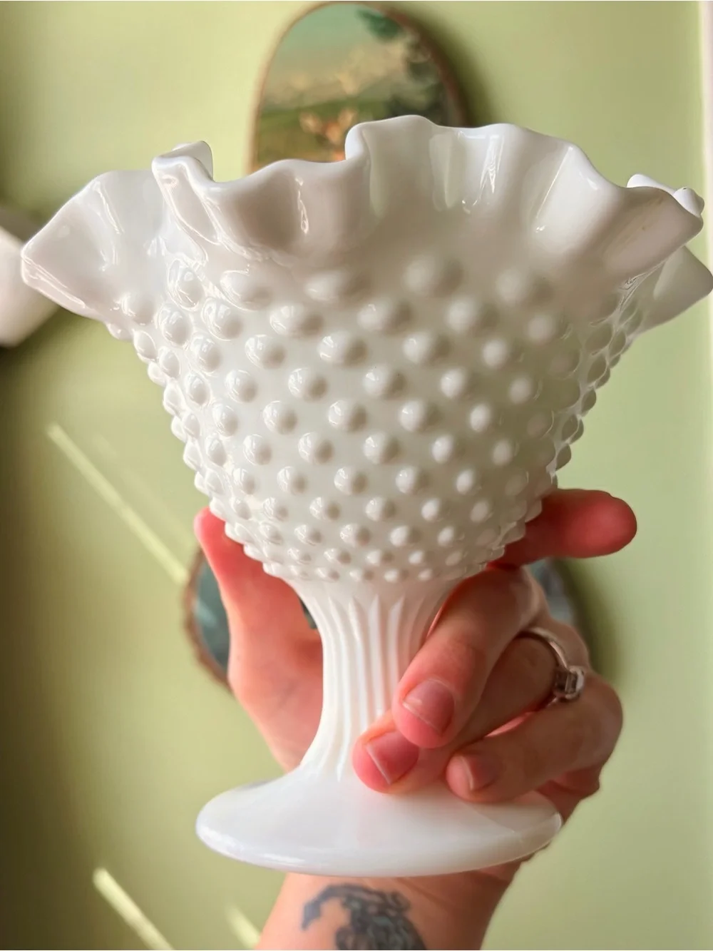 Elegant White Hobnail Milk Glass Compote Vintage Textured Vase